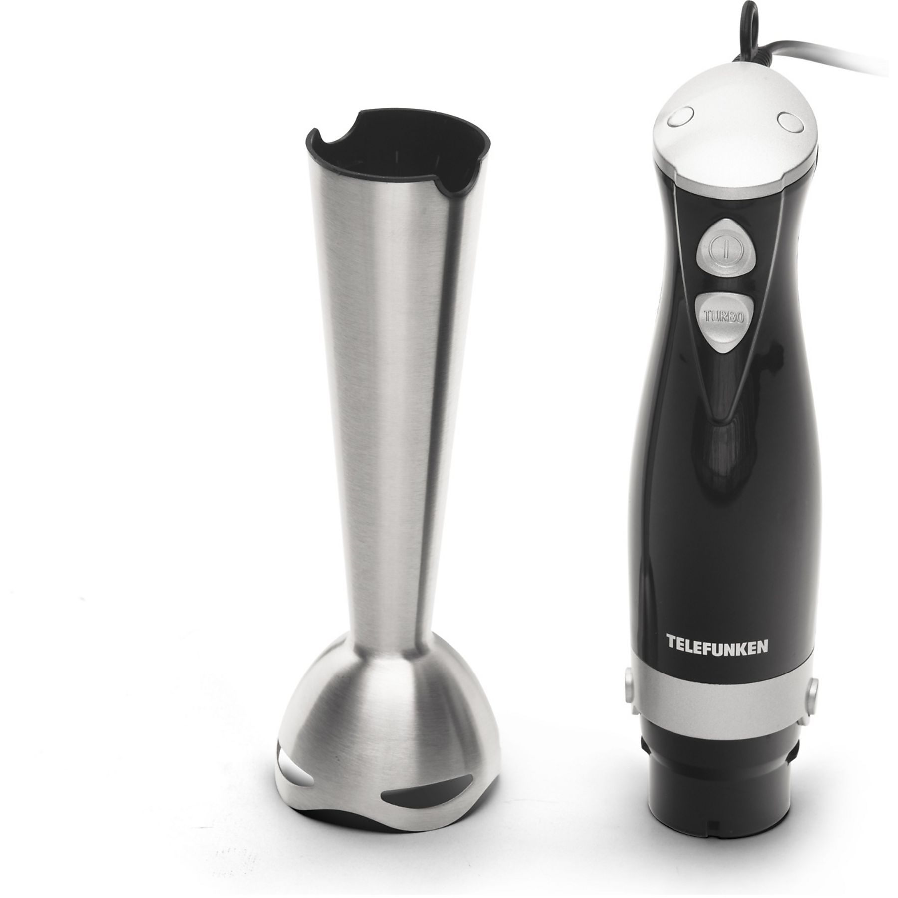 Un frullatore a immersione Telefunken, con asta in acciaio inox e motore nero. Il frullatore è su sfondo bianco.