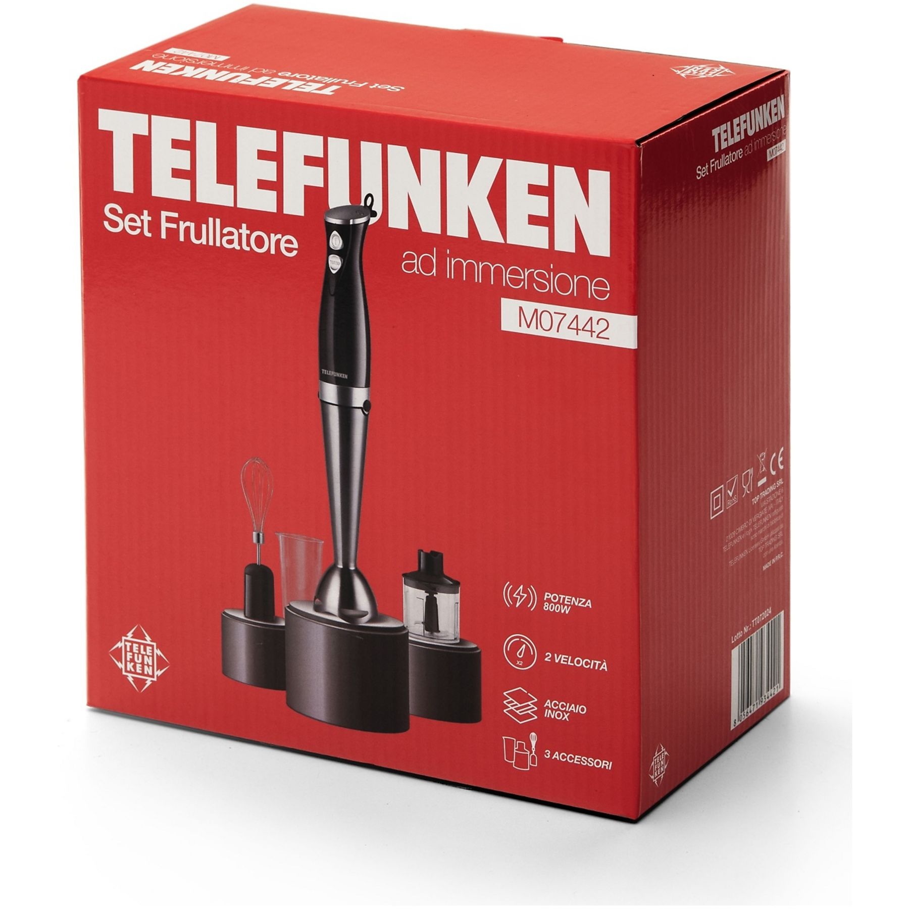 Una scatola rossa del set di frullatore a immersione Telefunken. Mostra il frullatore, gli accessori e le specifiche.