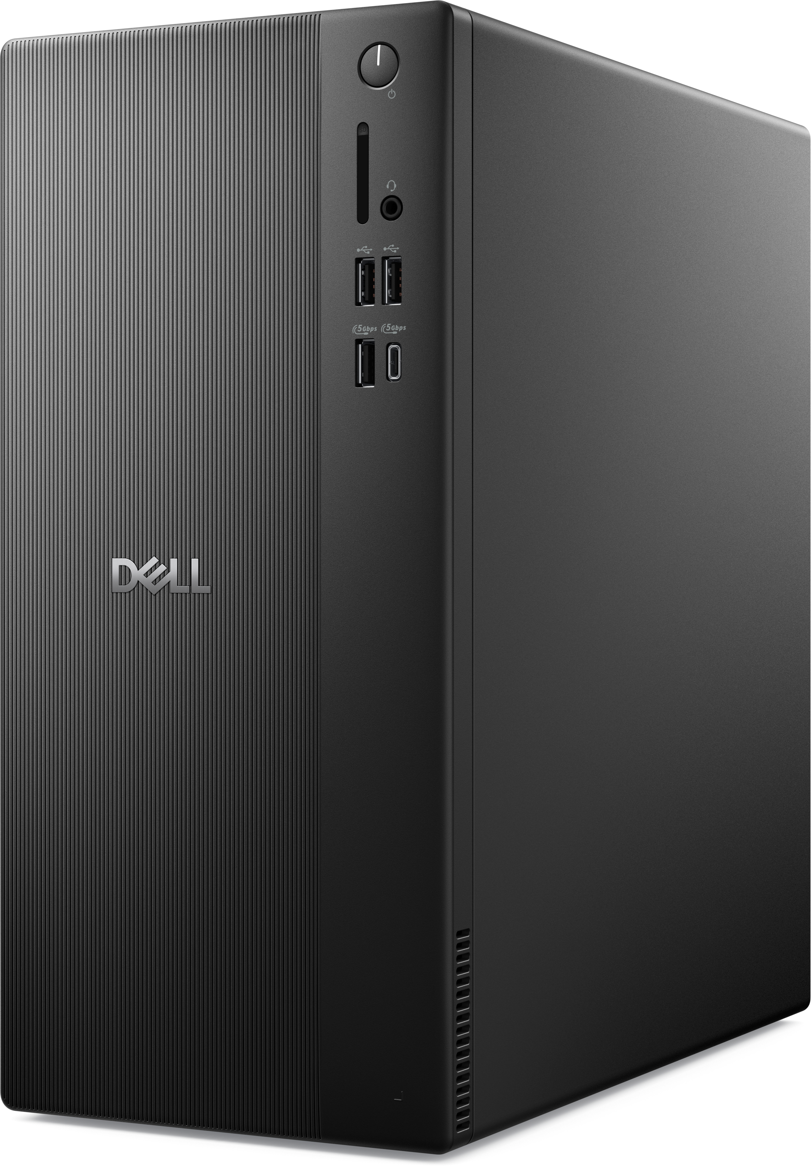 Zwarte Dell desktopcomputer met verticale lijnen op het voorpaneel, aan/uit-knop en USB-poorten. Dell-logo zichtbaar.