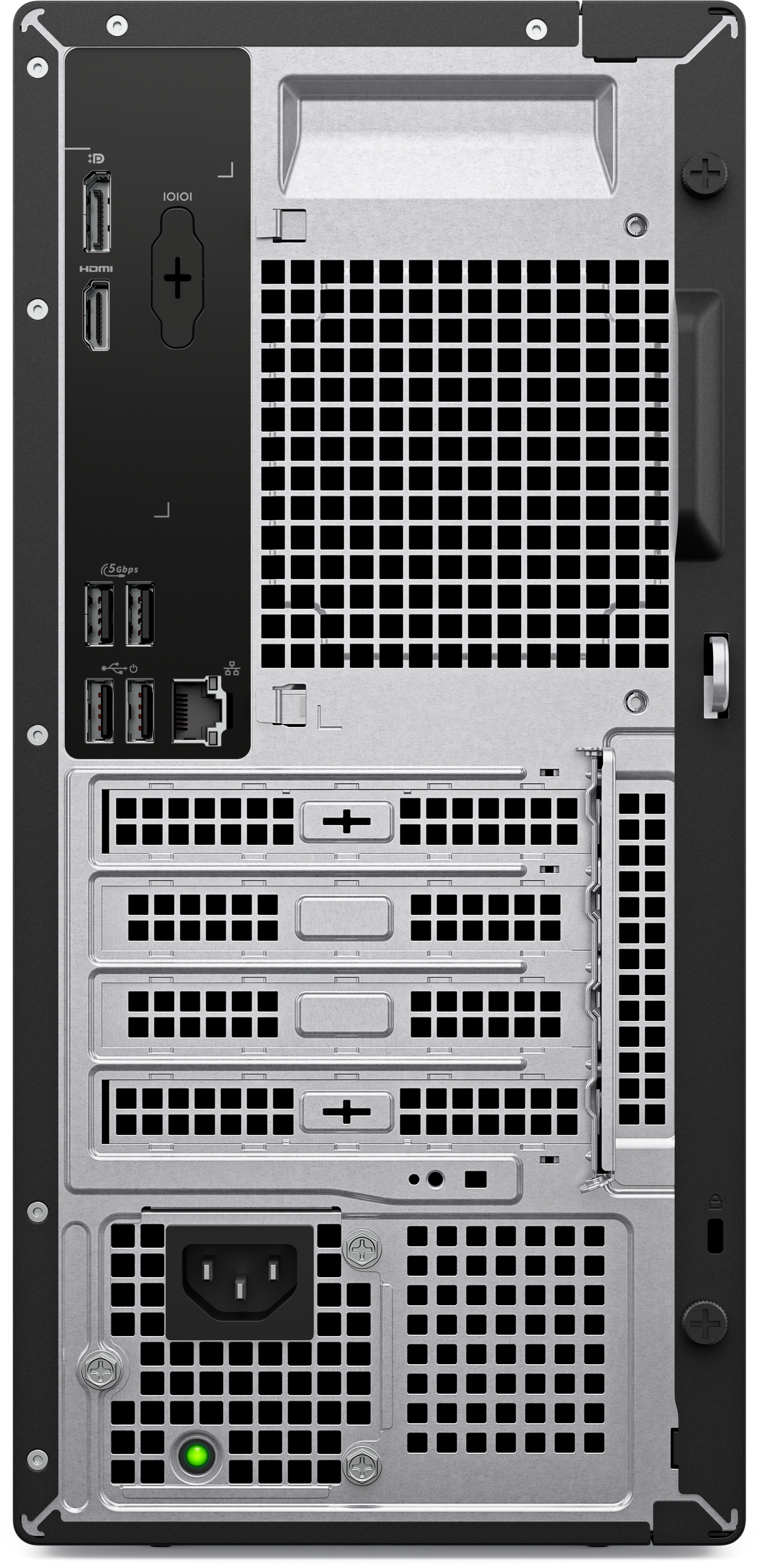 Achteraanzicht van een computerbehuizing. Voorzien van poorten voor HDMI, USB en voeding. Inclusief ventilatieroosters en een aan/uit-knop.