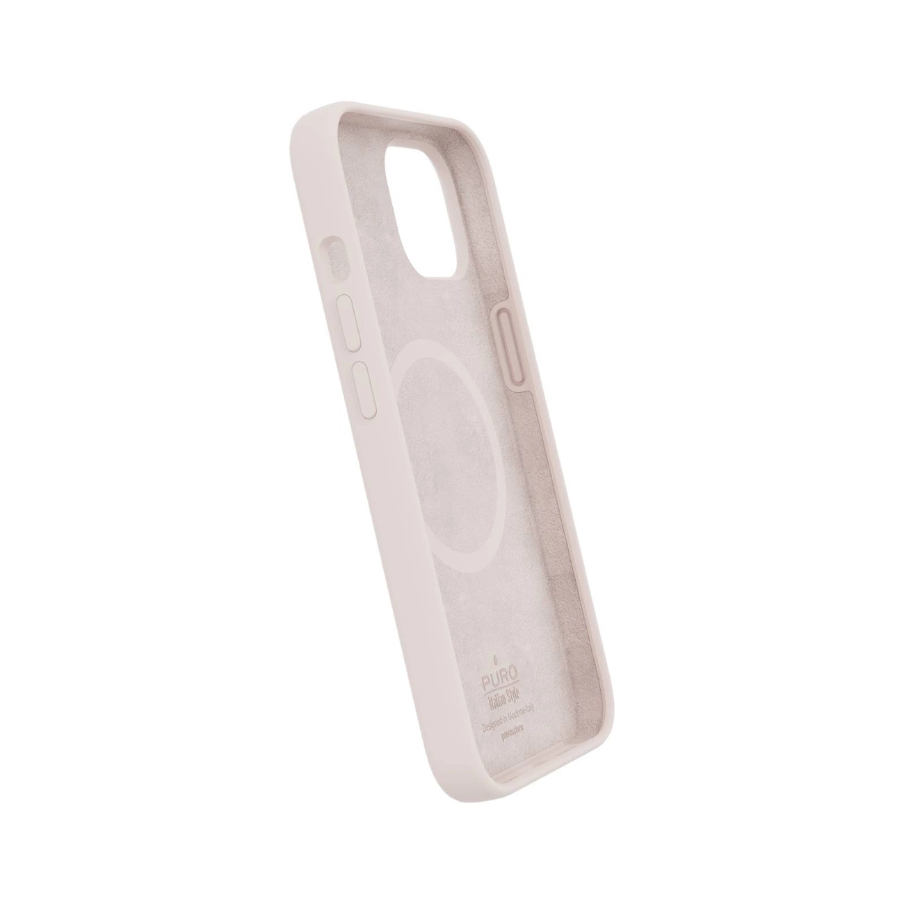 Una custodia per telefono rosa chiaro è angolata verso sinistra, rivelando l'interno. La custodia ha aperture per la fotocamera e i pulsanti, con un logo del marchio.