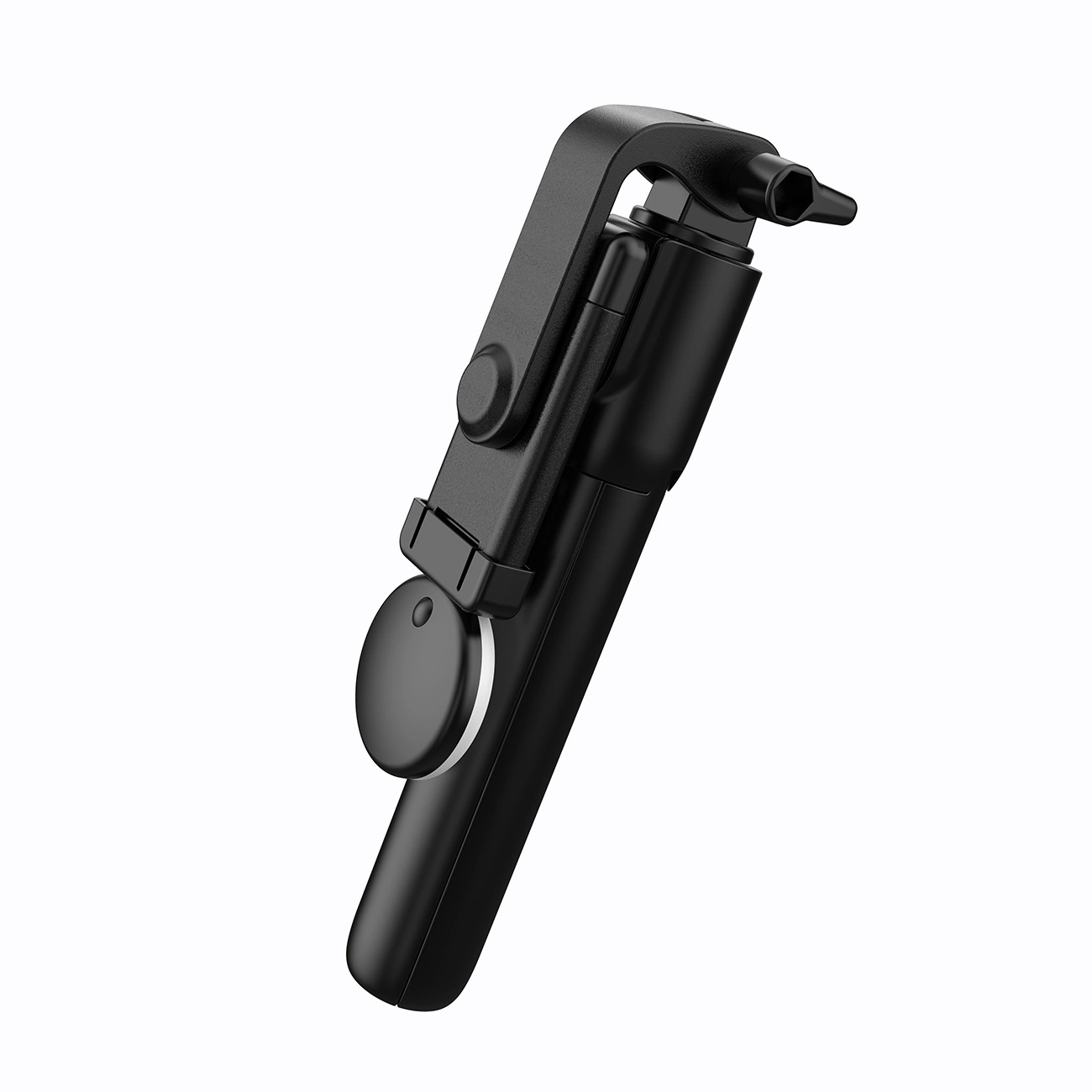 Ein schwarzer Selfie-Stick auf weißem Hintergrund. Er hat einen Griff, eine Telefonhalterung und einen Knopf. Der Stick ist abgewinkelt.