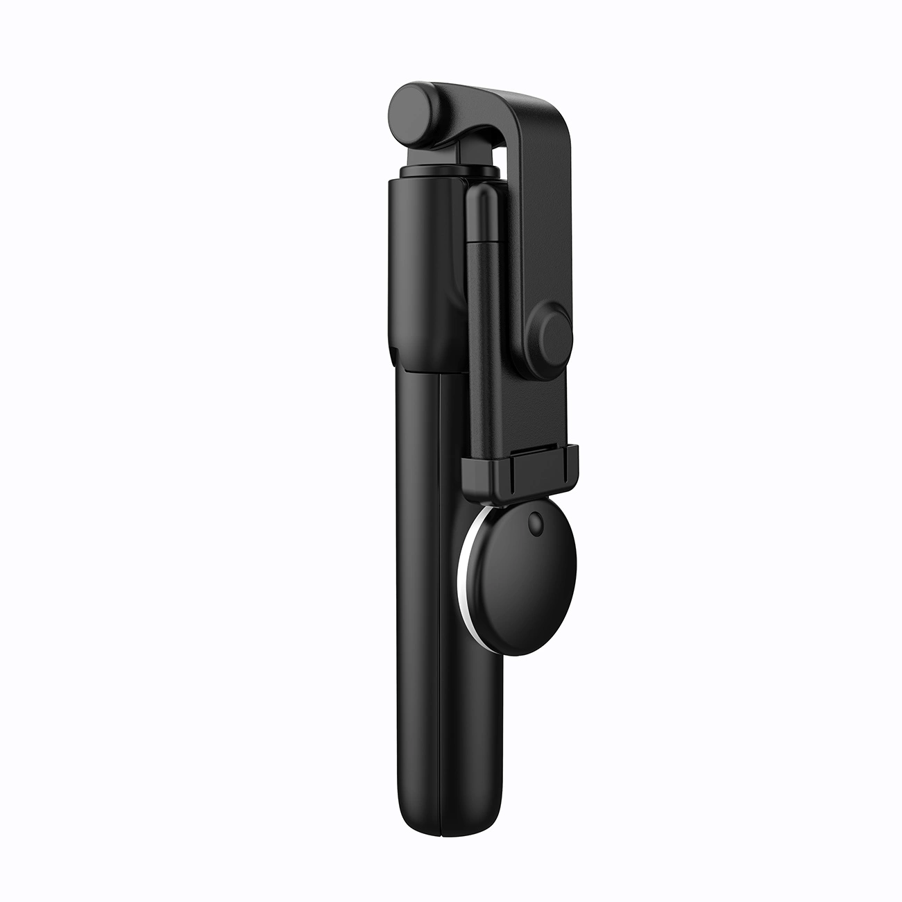 Ein schwarzer Selfie-Stick wird gezeigt. Er hat einen Griff, eine Telefonhalterung und einen Knopf. Der Hintergrund ist weiß.