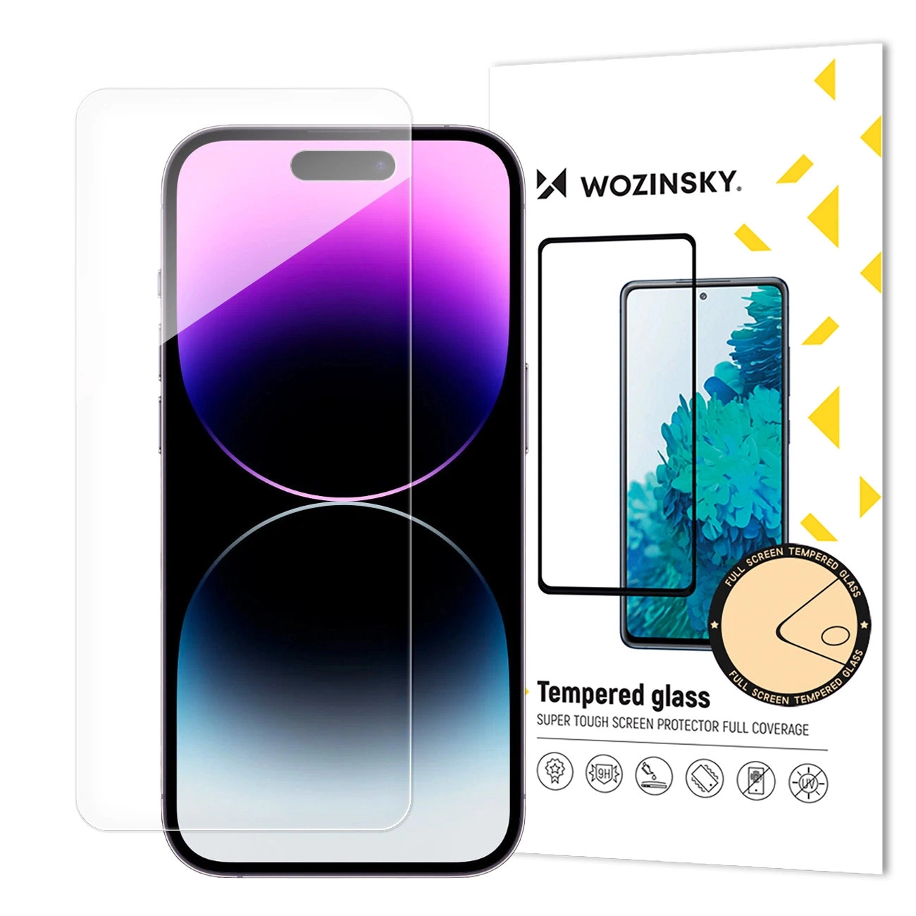 Telefon z ochraniaczem ekranu, pudełko ze zdjęciem telefonu i widoczna nazwa marki 'Wozinsky'.