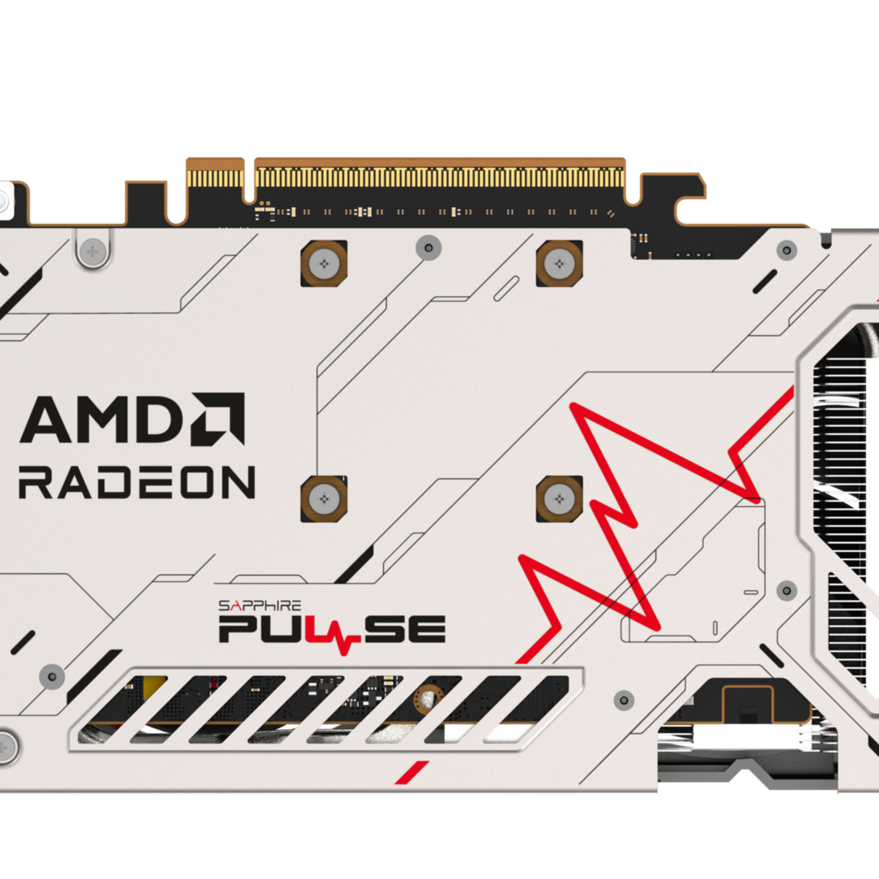 Biała karta graficzna AMD Radeon. Ma czerwone akcenty i napis 'SAPPHIRE PULSE'.