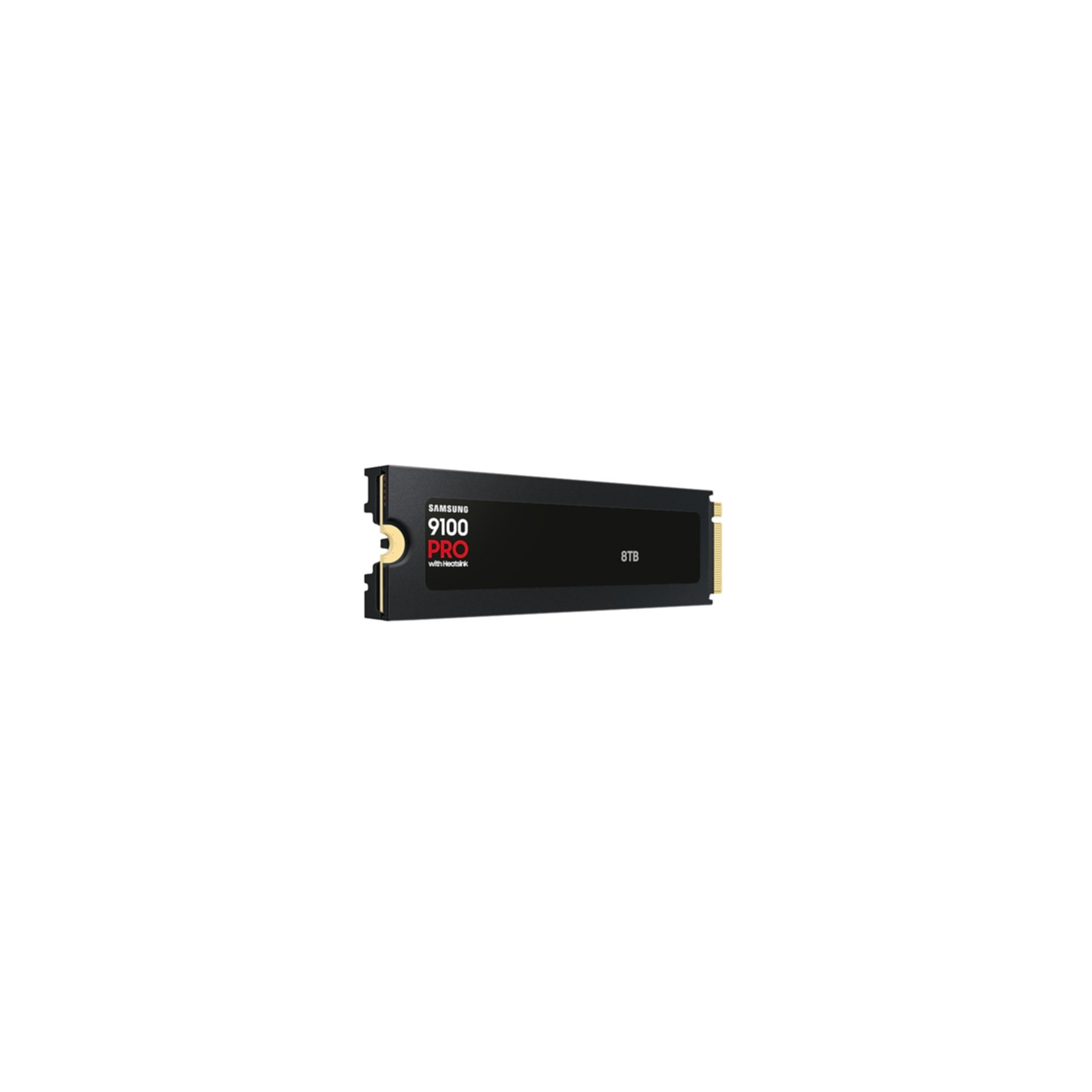 Czarny Samsung 9100 Pro 8TB SSD na białym tle. Tekst brzmi 9100 Pro z Heatsink.