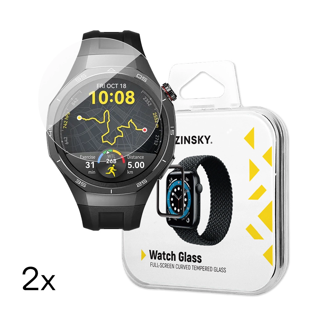 Smartwatch z ochraniaczem ekranu i opakowaniem szklanym na zegarek. Zegarek wyświetla czas, dane ćwiczeń i mapę.
