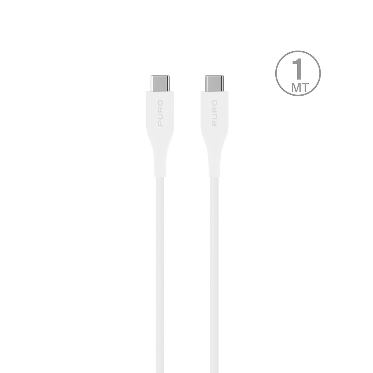 Dwa białe kable USB-C, z napisem 'PURO', ułożone pionowo. Koło z '1 MT' wskazuje długość 1 metra.