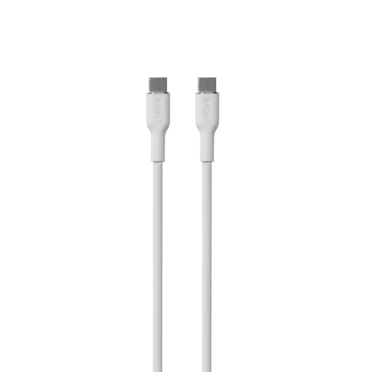 Deux câbles de chargement USB-C blancs sont alignés verticalement sur un fond blanc. Chaque câble a un connecteur argenté avec le logo 'PURO'.