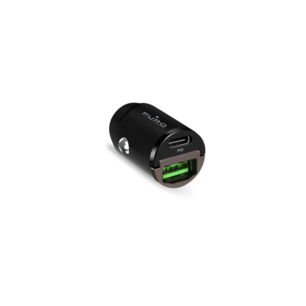 Ein schwarzes Puro-Autoladegerät mit einem grünen USB-Anschluss. Das Ladegerät trägt das Wort 'puro' und die Buchstaben 'PD'.