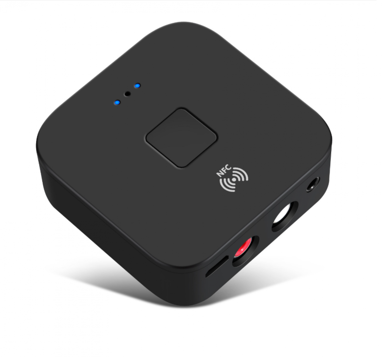 Ein schwarzes quadratisches Gerät mit abgerundeten Kanten. Es hat eine Taste, zwei blaue Lichter und ein NFC-Logo. Es gibt auch Eingangsanschlüsse und ein rotes Licht.