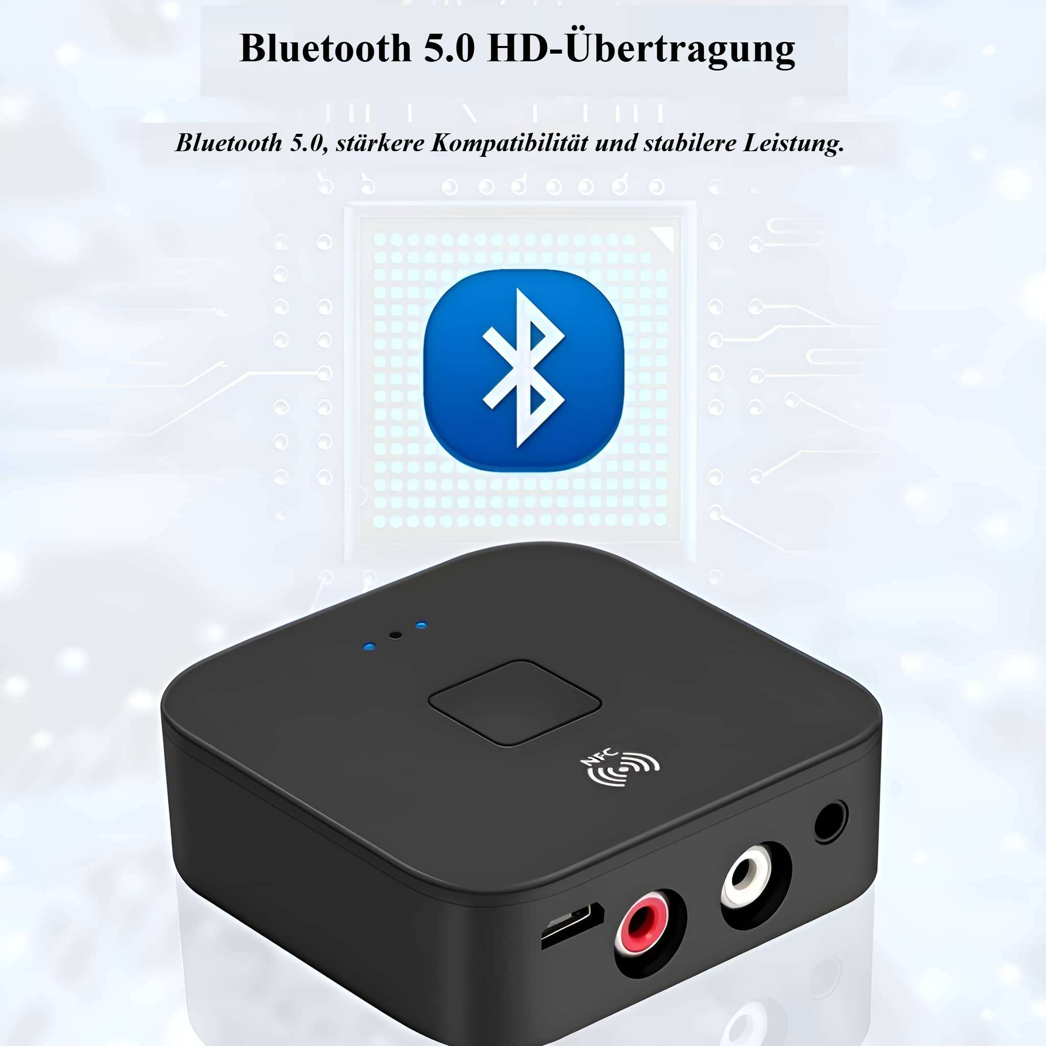 Schwarzer Bluetooth-Empfänger mit blauem Bluetooth-Logo. Er hat rote und weiße Audioanschlüsse und ein NFC-Symbol.