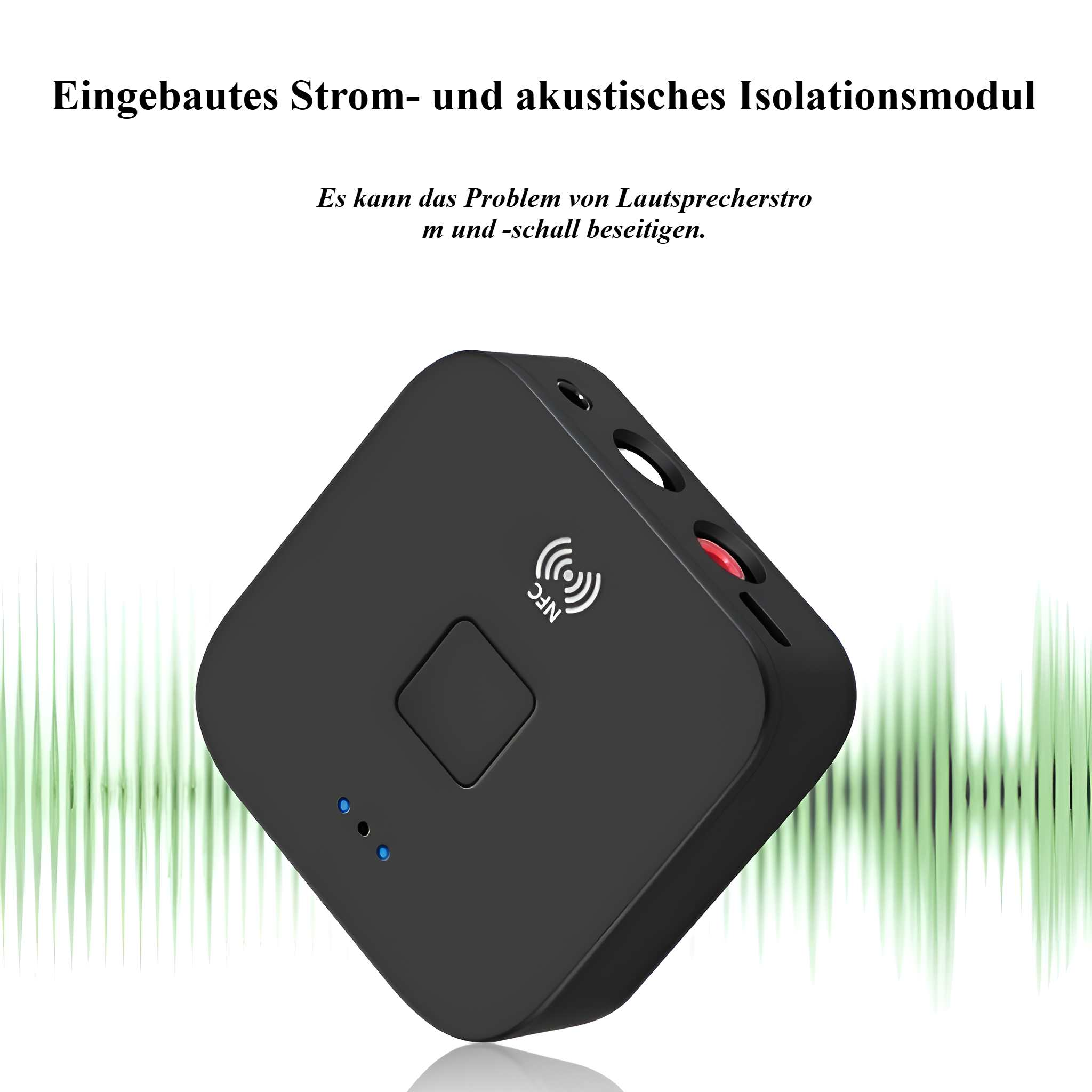 Schwarzes quadratisches Gerät mit NFC-Symbol, Text oben auf Deutsch und grüner Schallwellenhintergrund.