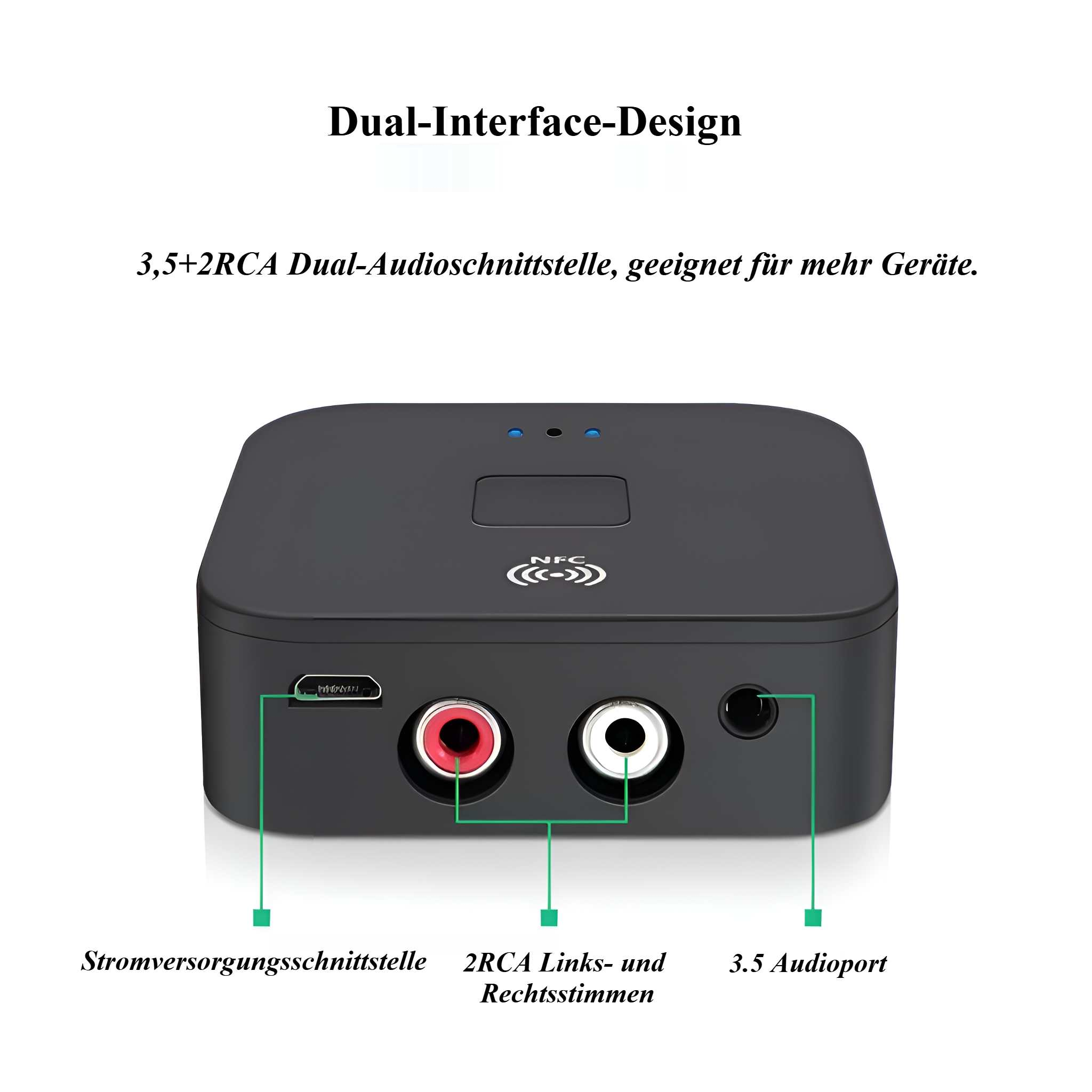 Schwarzes Audiogerät mit Cinch-Anschlüssen, 3,5-mm-Anschluss und Stromeingang. NFC-Symbol oben.
