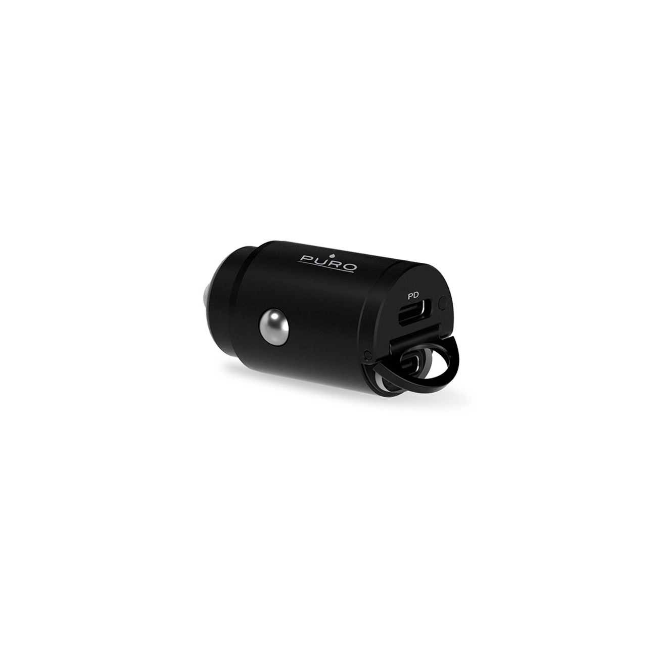 Un caricatore per auto nero con la scritta 'PURO'. Ha una porta USB-C e un anello per il fissaggio.