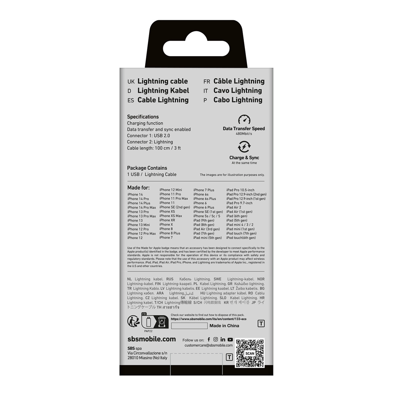 Pacchetto bianco con dettagli del cavo Lightning. Include testo multilingue e un elenco di dispositivi compatibili.