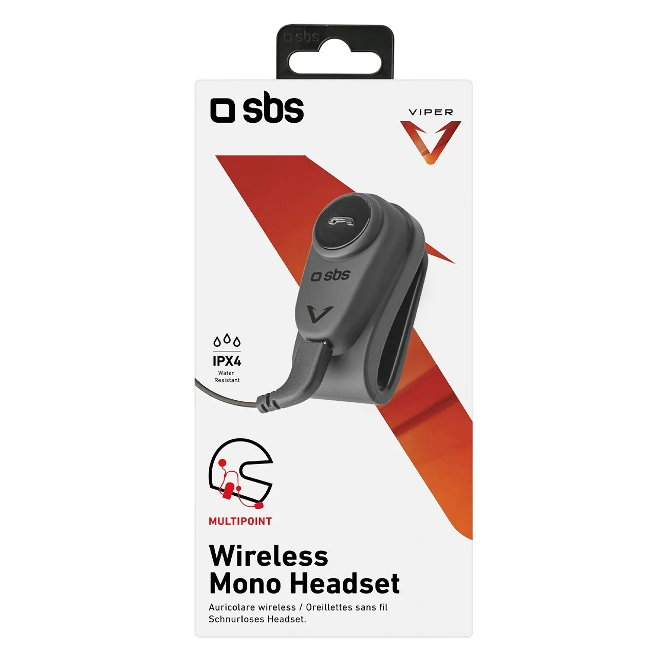 Eine Verpackung für ein drahtloses Mono-Headset. Das Headset ist schwarz und die Verpackung ist weiß mit einigen roten Details.