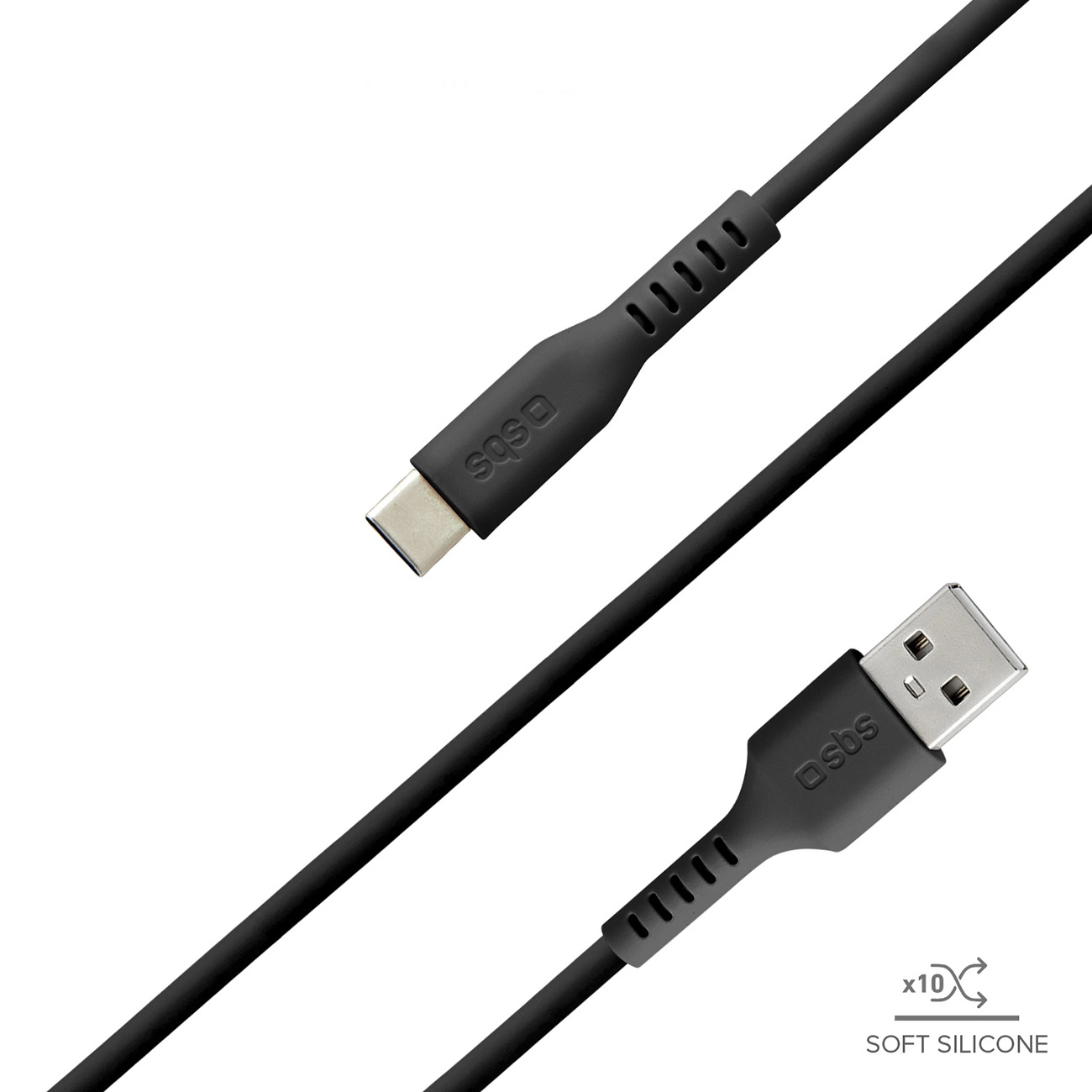 Cavo USB-C a USB nero, con logo 'sbs' su entrambi i connettori. Testo 'Soft Silicone' in basso a destra.