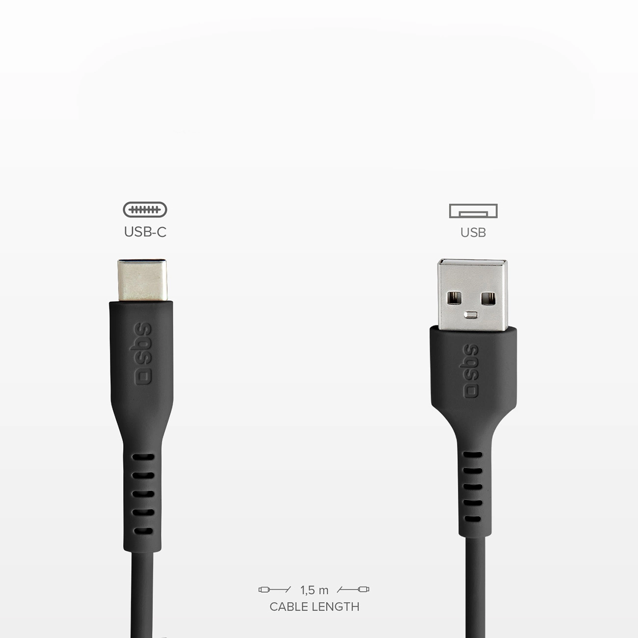 Cavo USB-C e USB nero con logo 'sbs'. Lunghezza 1,5 m. Connettore USB-C a sinistra, USB a destra, entrambi su sfondo bianco.