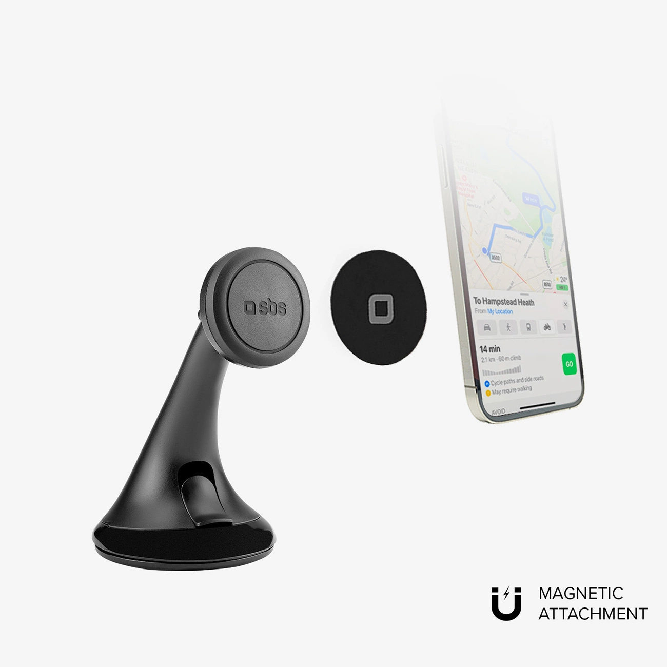 Un supporto per telefono da auto nero con attacco magnetico, un telefono che mostra una mappa e un disco magnetico.