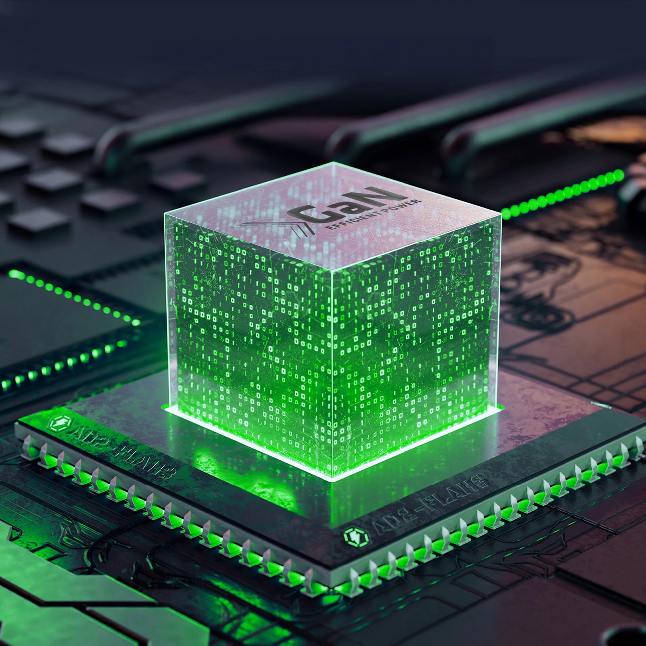 Un cubo verde brillante con dati si trova su un circuito stampato. Il cubo ha 'GaN' e 'Efficient Power' in cima. Luci verdi accentuano la scheda.