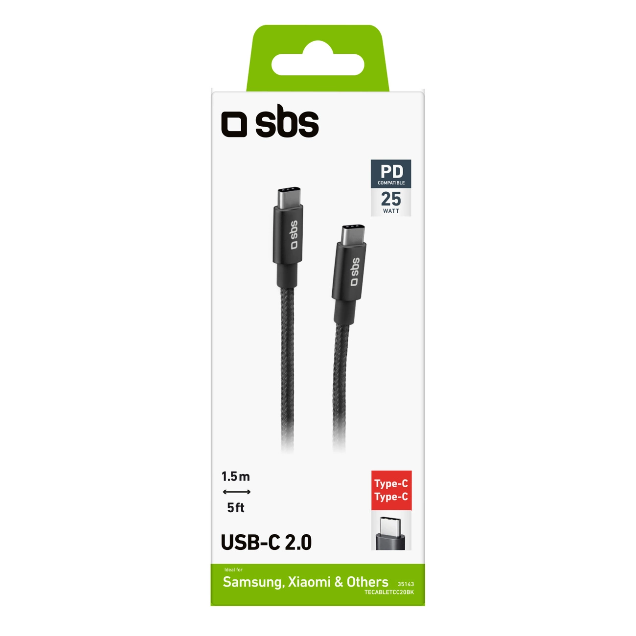 Una scatola bianca con un cavo USB-C nero. La scatola mostra 'sbs' e 'PD 25W'. Compatibile con Samsung, Xiaomi e altri.