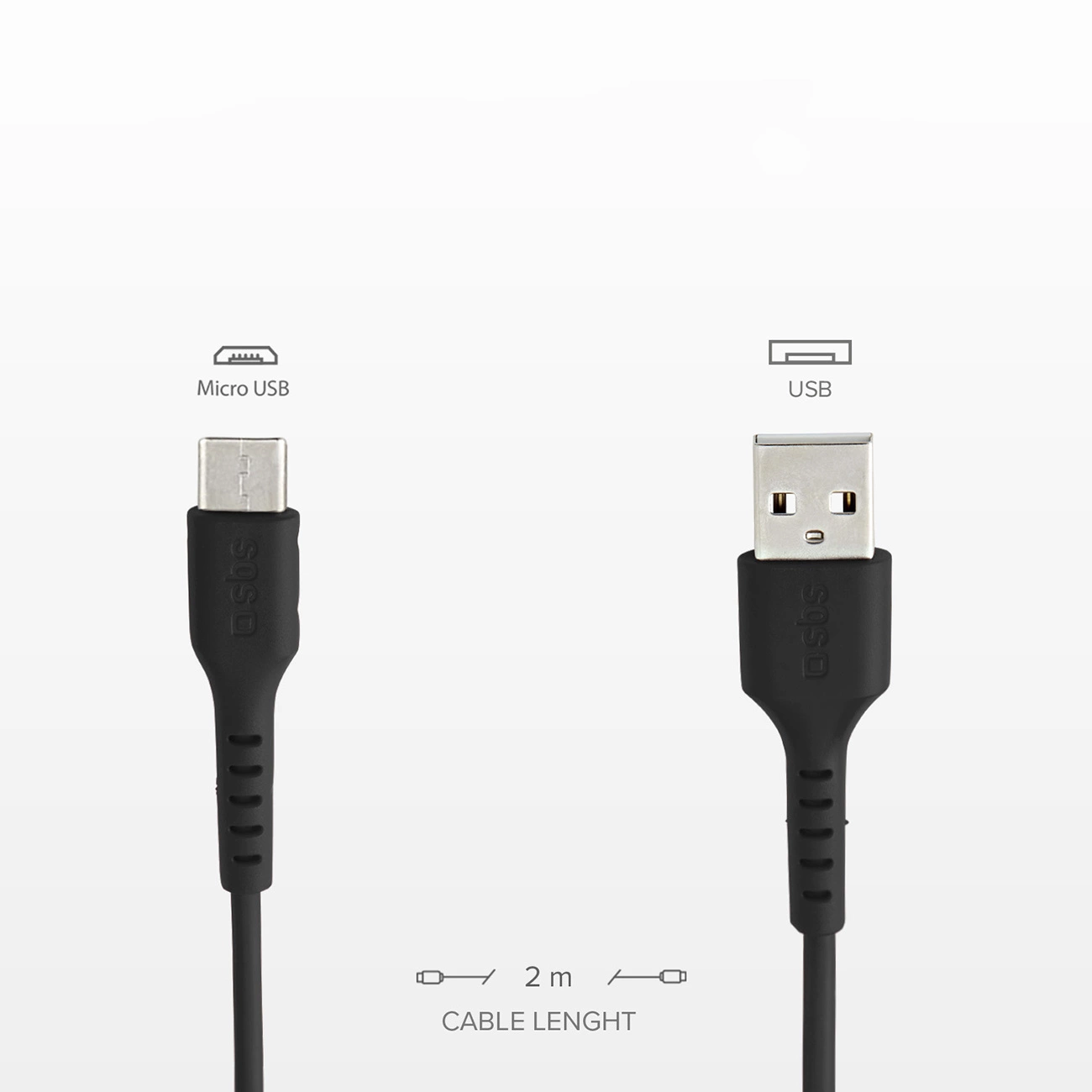 Czarny kabel USB z wtyczkami Micro USB i USB. Długość kabla 2 metry. Białe tło.