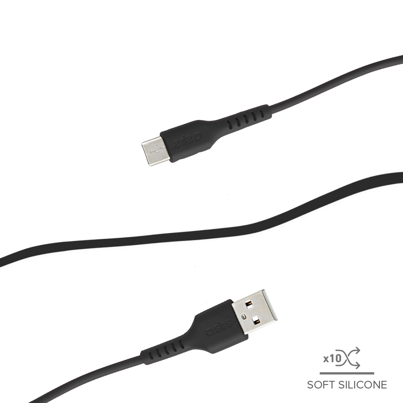 Dwa czarne kable USB z wtyczkami. Jeden ma wtyczkę USB-C, a drugi USB-A. Widoczny jest tekst 'miękki silikon'.