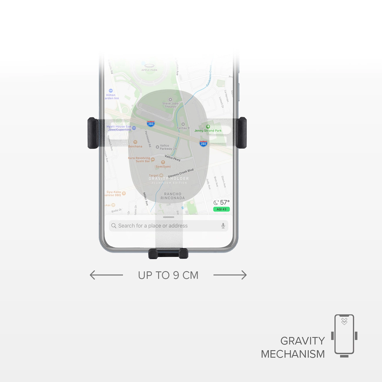 Telefono in un supporto con mappa. Frecce indicano fino a 9 cm. Testo: 'Meccanismo a gravità'.