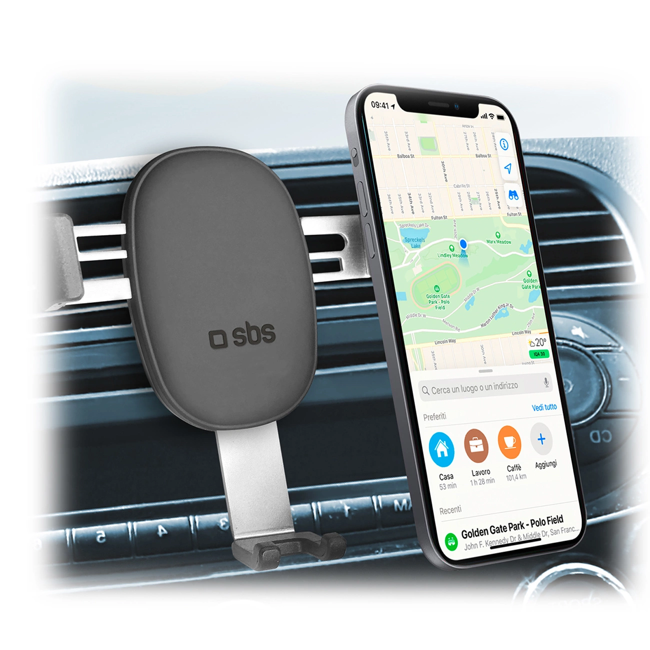 Un telefono in un supporto per auto mostra una mappa. Il supporto è nero e argento. Il cruscotto è visibile sullo sfondo.