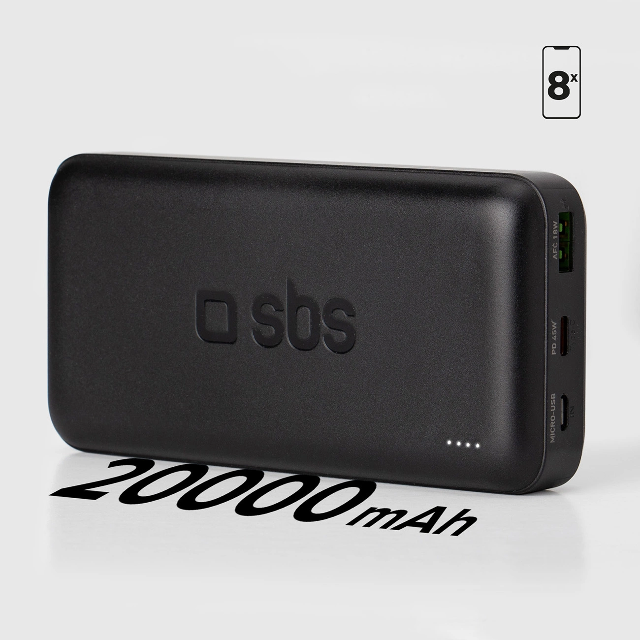 Czarny power bank SBS z portami i tekstem 20000mAh. Ikona telefonu z '8x' w prawym górnym rogu.