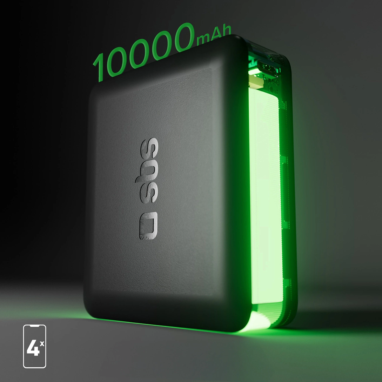 Czarny power bank z zielonymi akcentami. Ma 10000mAh, logo SBS i ikonę telefonu z 4x. Bok świeci na zielono.
