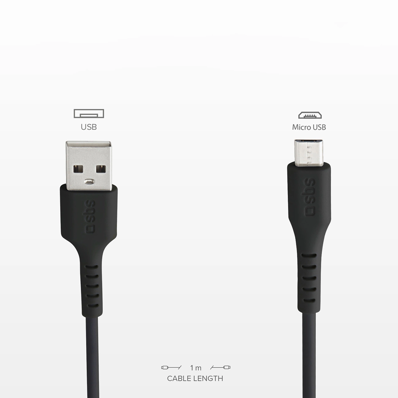 Een USB naar Micro USB kabel met een zwarte connector en kabel. De kabel is 1 meter lang. USB en Micro USB labels zijn aanwezig.