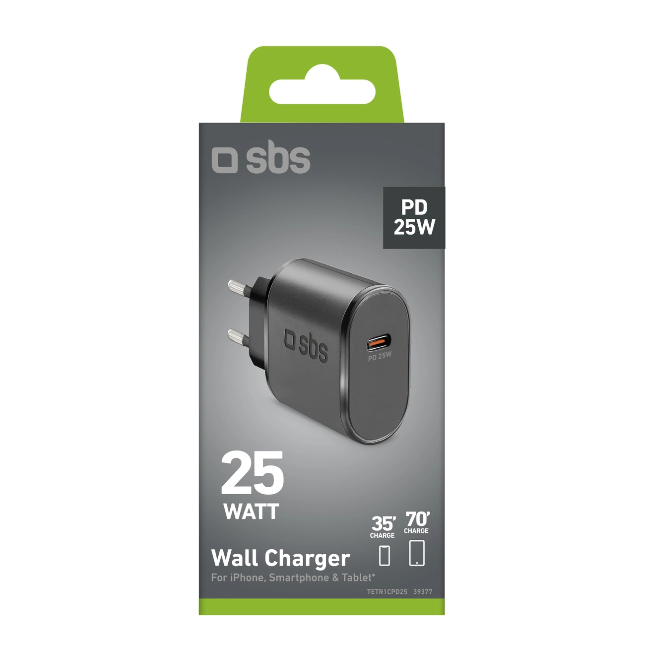 Szara ładowarka ścienna SBS 25W w pudełku. Ma wtyczkę i port USB-C. Pudełko ma zielony haczyk i tekst wskazujący na szybkie ładowanie.
