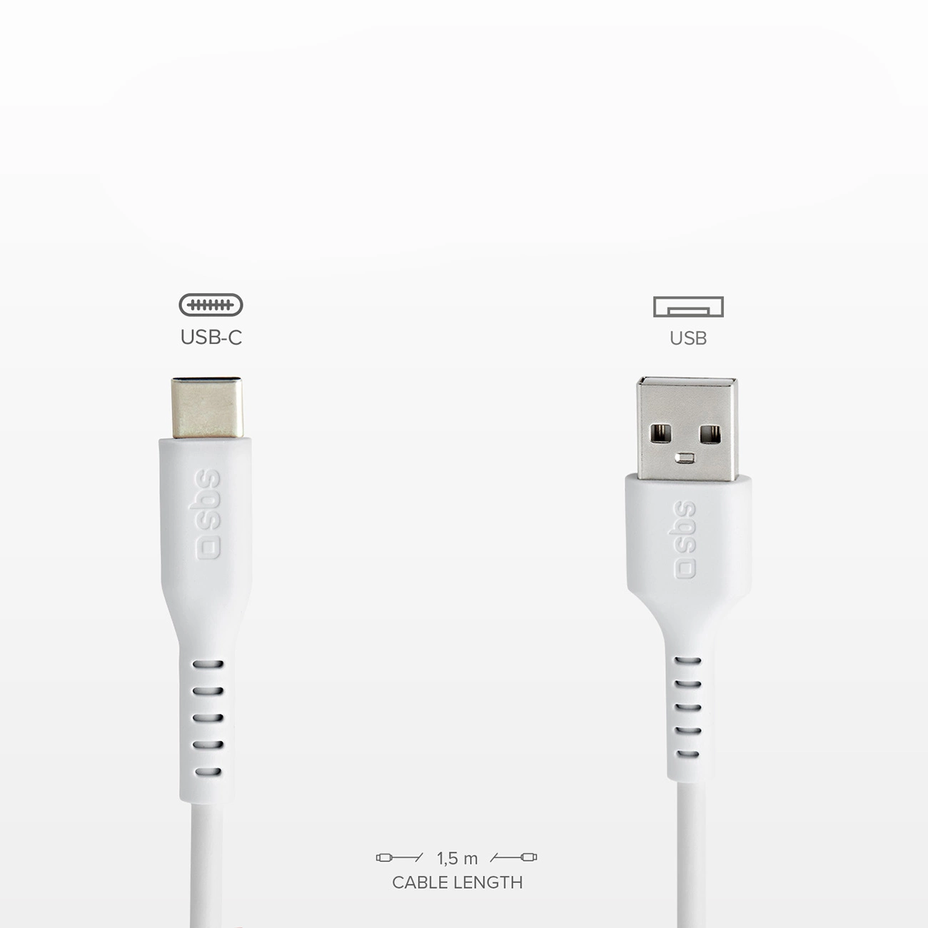 Due cavi USB bianchi, USB-C e USB, su sfondo bianco. Il cavo USB-C è a sinistra, il cavo USB a destra.