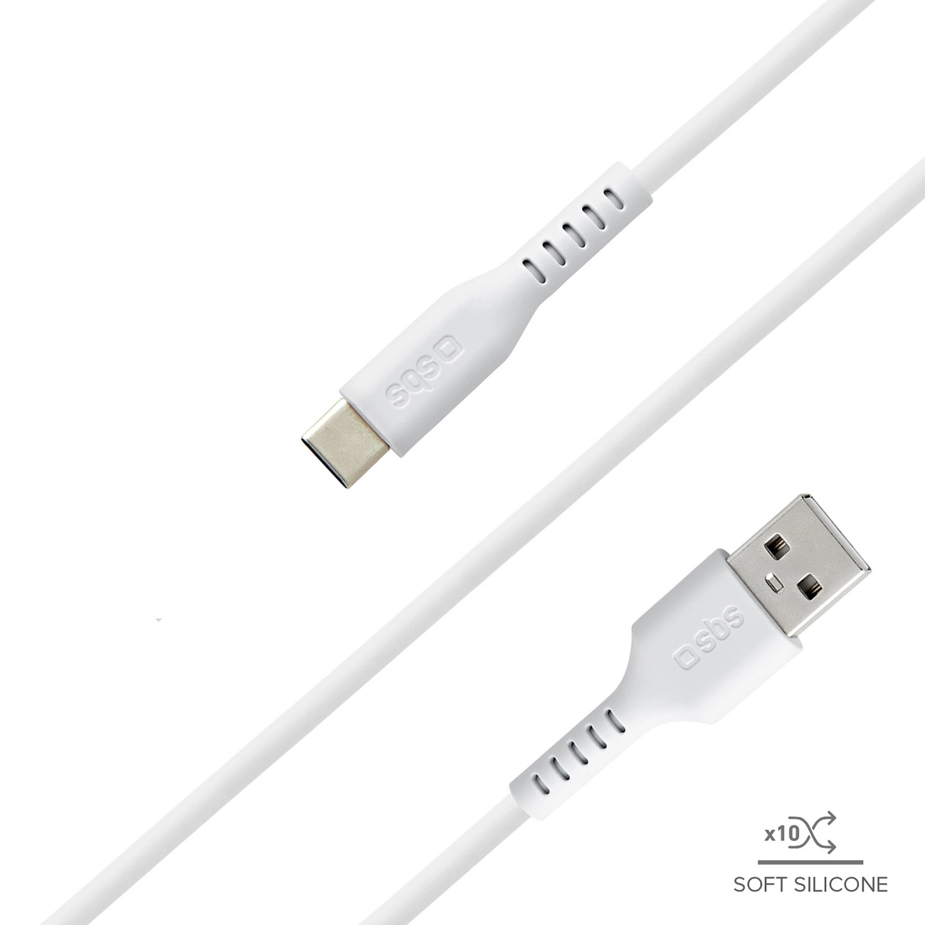 Un cavo bianco da USB-C a USB-A. Il cavo ha connettori su entrambe le estremità. Il marchio 'sbs' è stampato su entrambi i connettori.