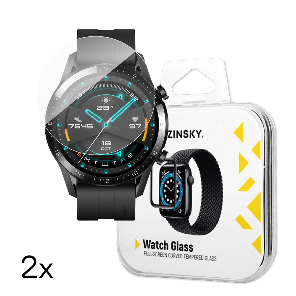 Smartwatch z ochraniaczem ekranu i drugi zegarek w opakowaniu. Zegarek pokazuje datę i statystyki zdrowotne.