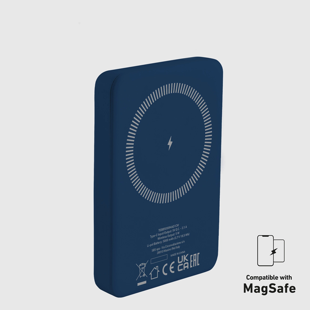 Ciemnoniebieska ładowarka bezprzewodowa MagSafe. Ma okrąg z linii i symbol błyskawicy. Tekst i symbole są również obecne.