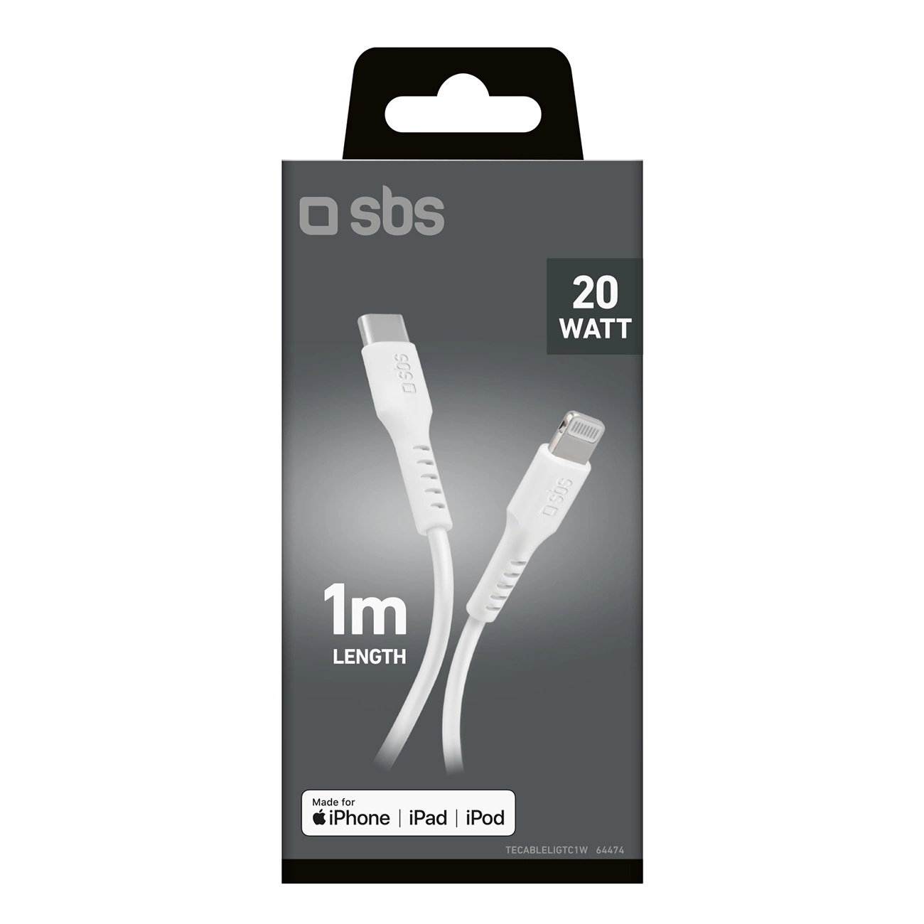 Cavo di ricarica bianco SBS per iPhone, iPad e iPod, 1m, 20W, in confezione grigia con dettagli.
