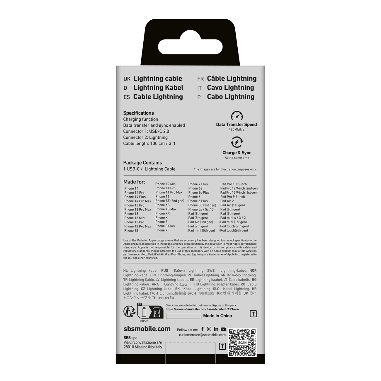 Confezione cavo Lightning, sfondo bianco, testo nero. Elenca specifiche e dispositivi compatibili.