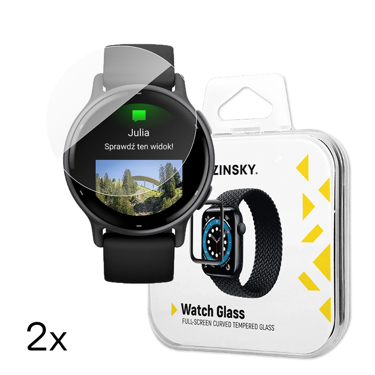 Dwa smartwatche, jeden wyświetlający wiadomość od Julii, drugi w opakowaniu ZINSKY Watch Glass. Tekst: 'Watch Glass'.