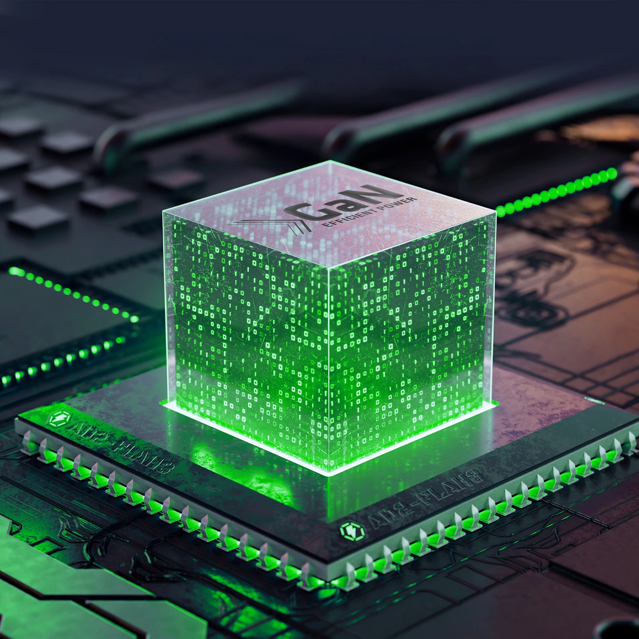Un cubo verde brillante con codice binario è posizionato su un circuito stampato. Sul cubo è scritto "GaN Efficient Power". Emanano luci verdi.