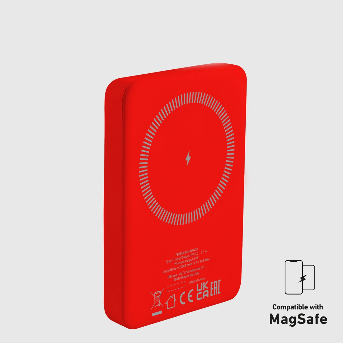 Czerwona ładowarka MagSafe z szarym symbolem błyskawicy. Ma białe tło i ikonę telefonu po prawej.