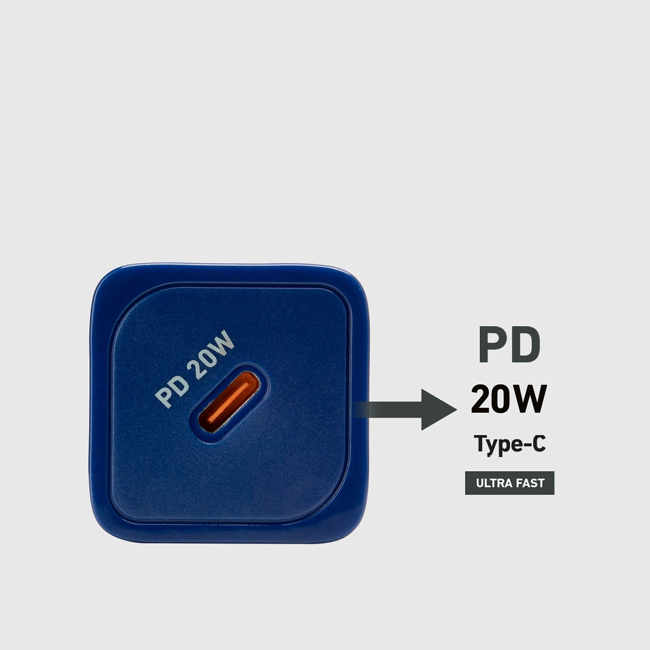Un caricabatterie blu PD 20W con una porta di tipo C. Il testo recita "PD 20W Type-C ULTRA FAST". Una freccia punta dal caricabatterie al testo.