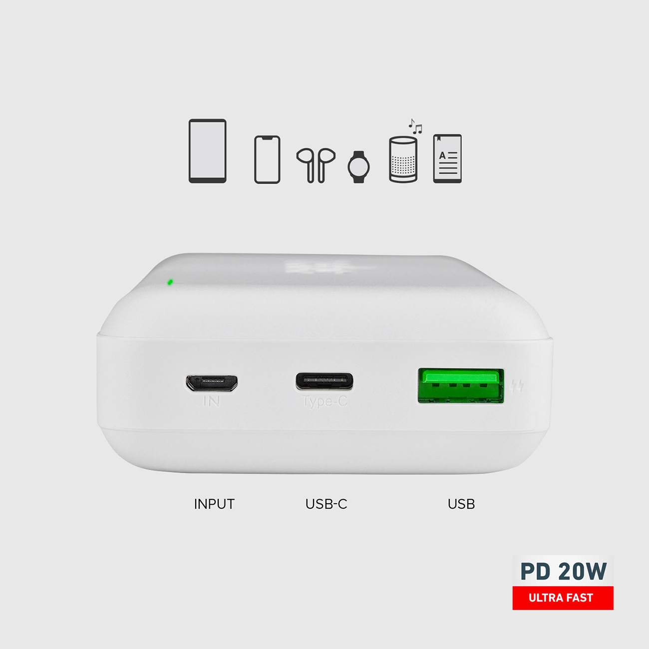 Biały power bank z zielonym portem USB, oznaczony USB. Na górze ikony. Tekst na dole: PD 20W Ultra Fast.