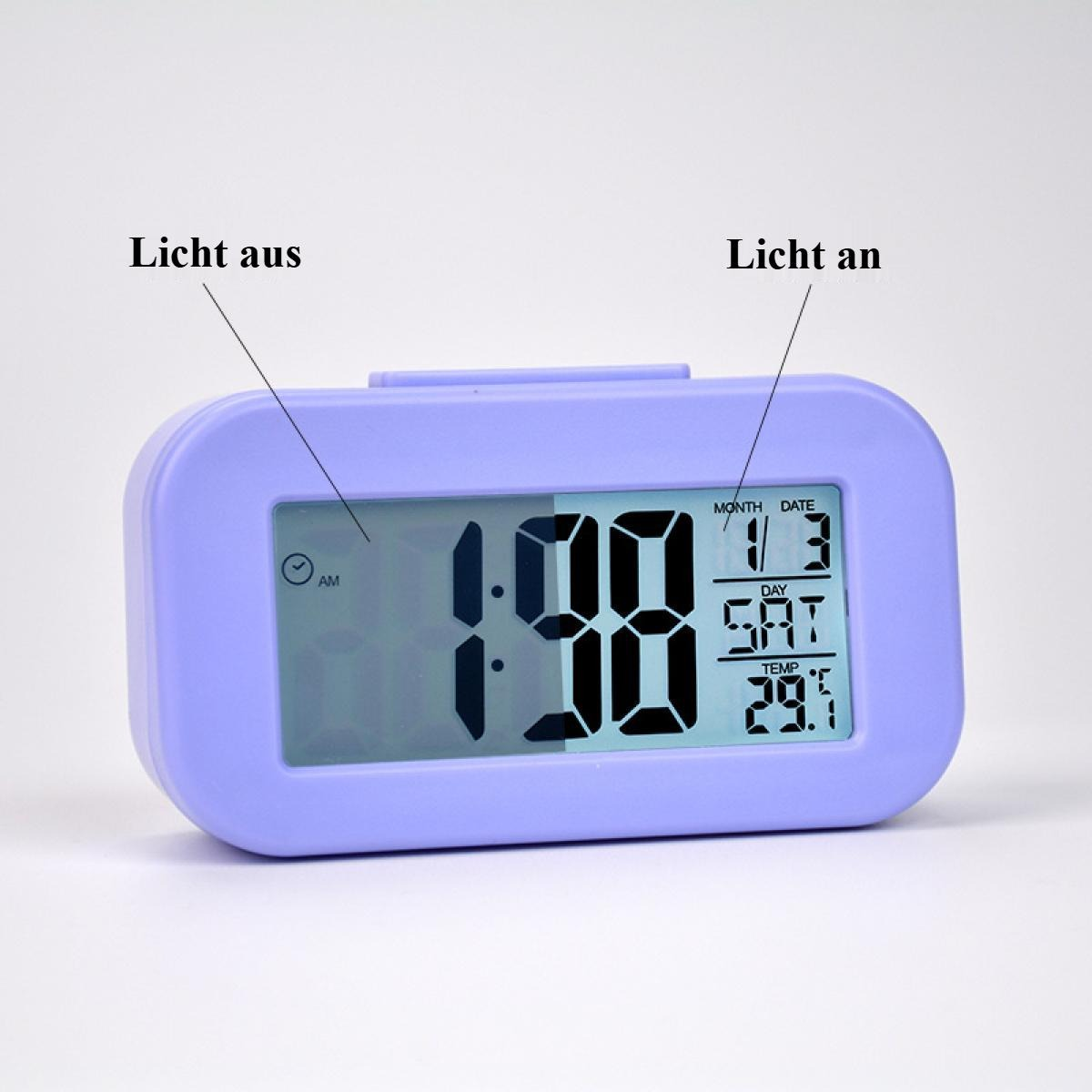 Ein lila digitaler Wecker zeigt 1:00 Uhr morgens, Datum und Temperatur an. Der Text darüber lautet "Licht aus" und "Licht an".