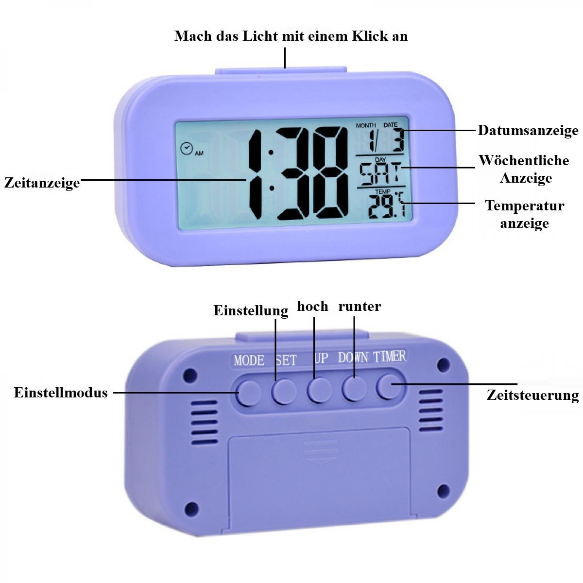 Ein lila digitaler Wecker zeigt Zeit, Datum, Tag und Temperatur an. Tasten für Modus, Einstellen, Hoch, Runter und Timer sind sichtbar.