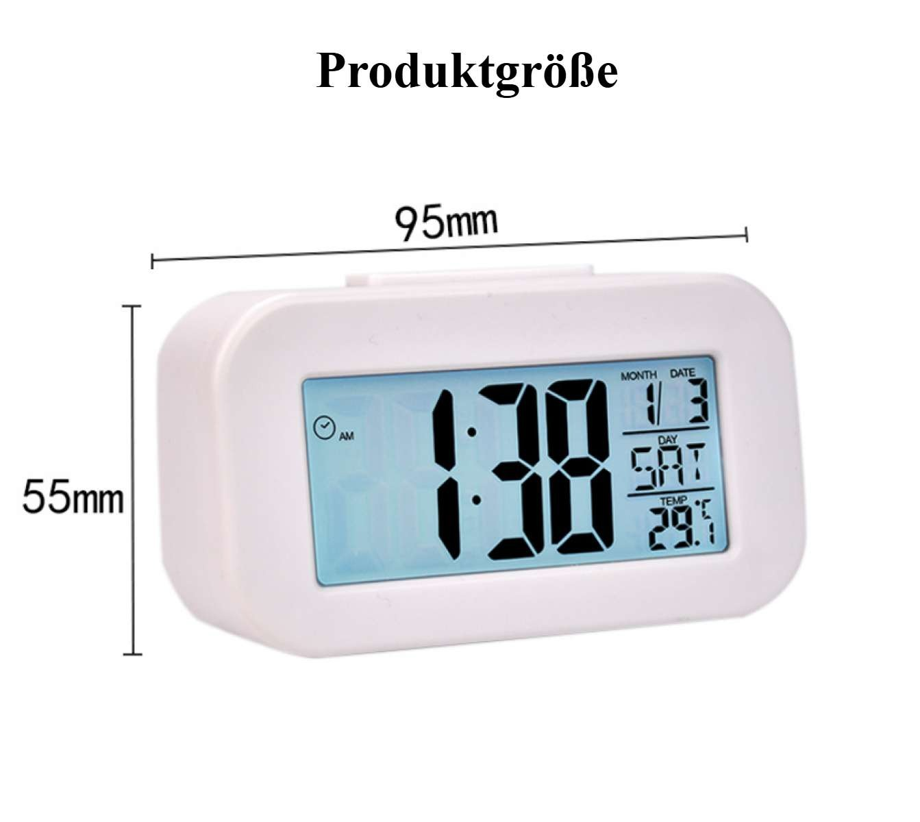 Wecker mit digitaler Anzeige, 1:38 Uhr, Datum, Wochentag und Temperatur. Maße: 95mm x 55mm. Deutscher Text 'Produktgröße'.
