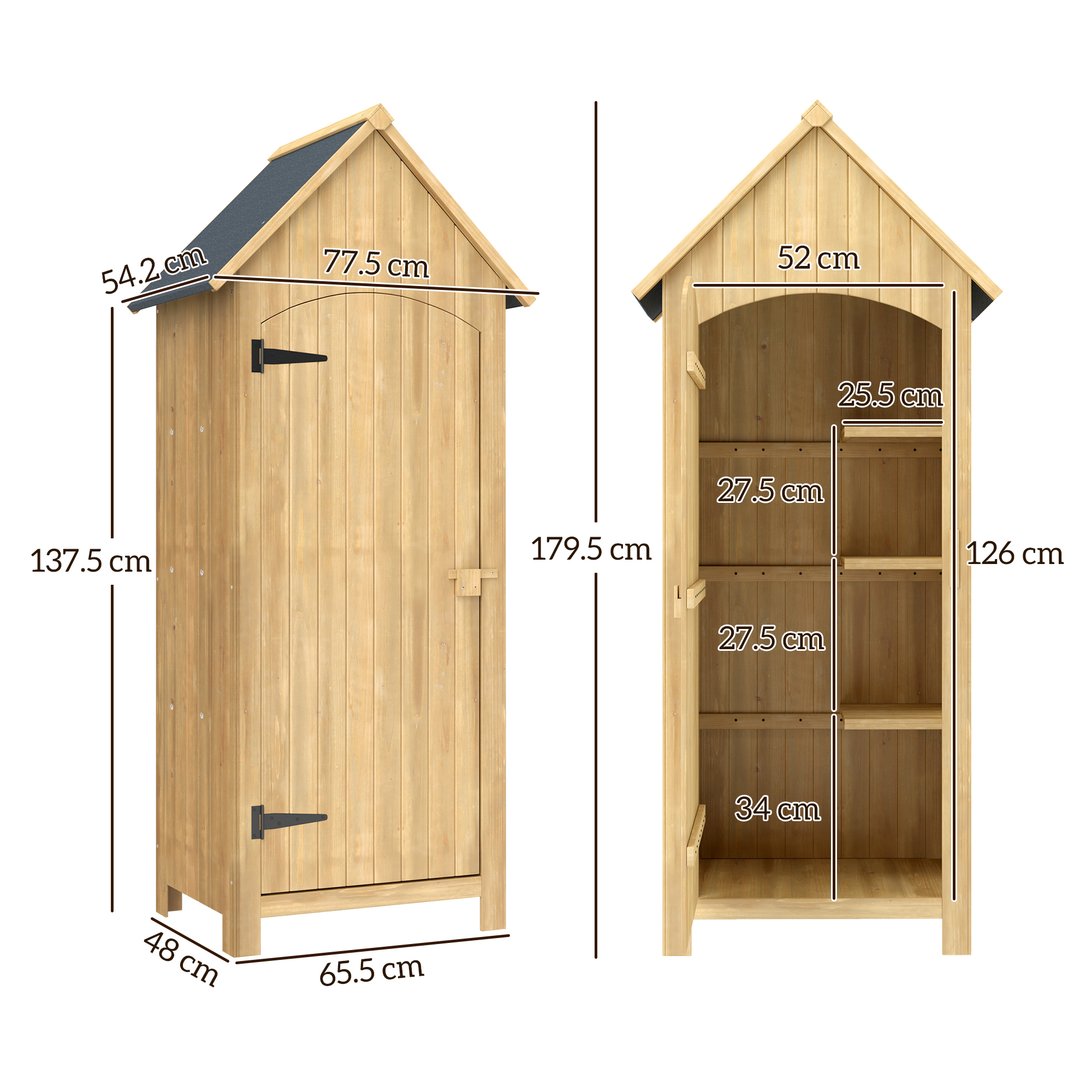 Un capanno in legno con misure indicate. Ha un tetto a capanna, una porta e ripiani. Le dimensioni sono in cm.