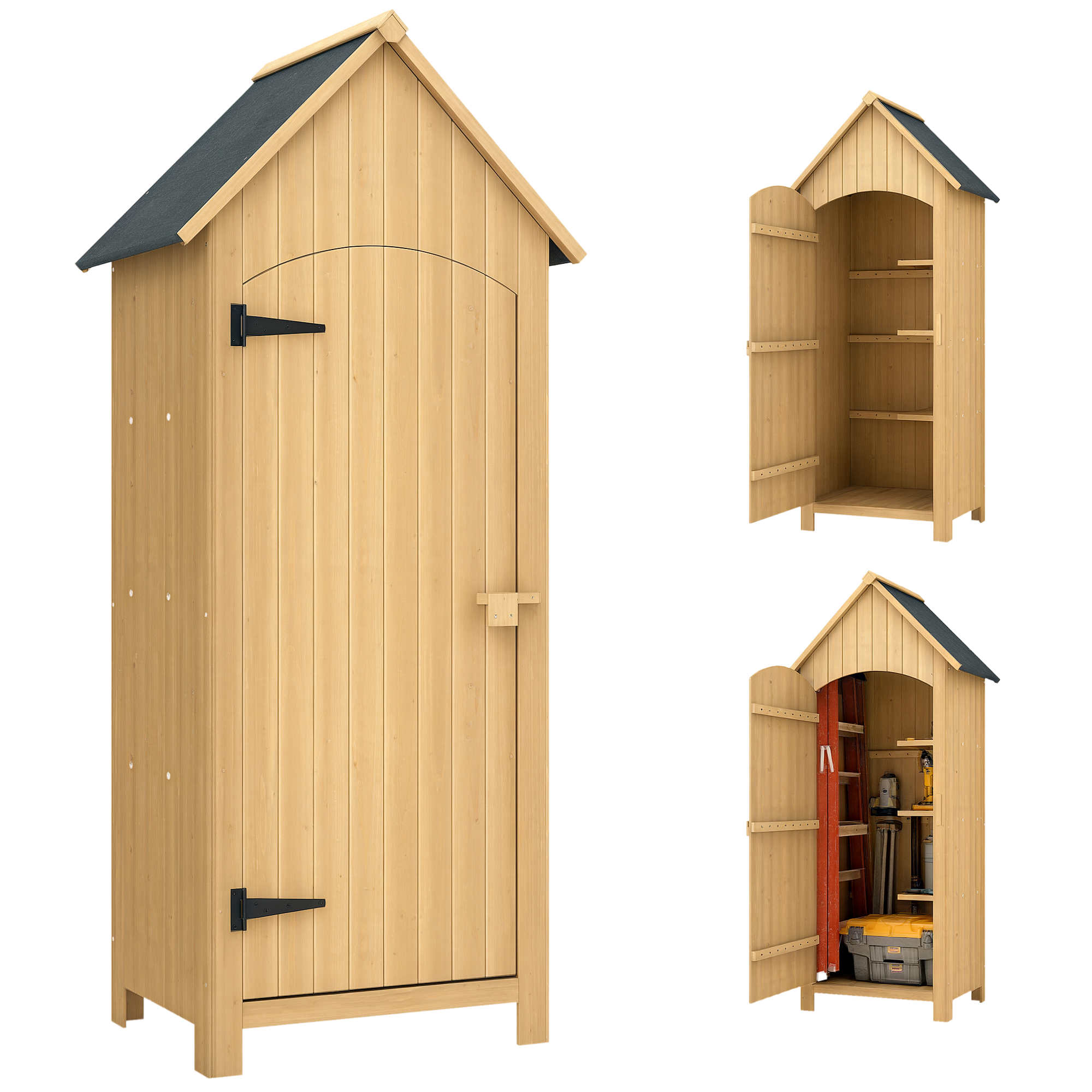 Capanno in legno con porta aperta. Mostra scaffali, attrezzi e una cassetta degli attrezzi all'interno.